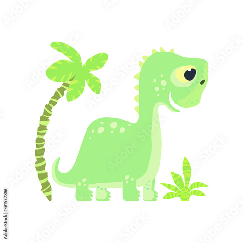 Cute diplodocus with palm tree and bush