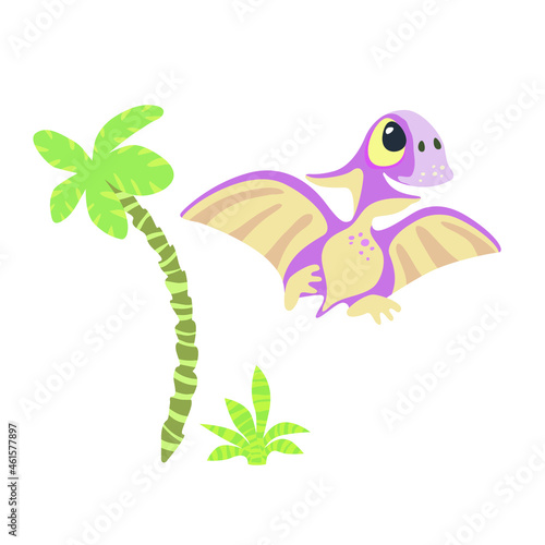 Cute little pterosaur with palm tree and bush