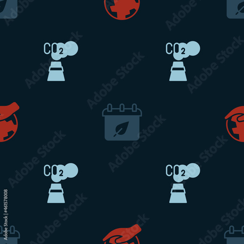 Set Hand holding Earth globe, Calendar with autumn leaves and CO2 emissions cloud on seamless pattern. Vector