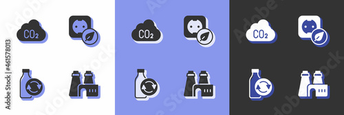 Set Factory production, CO2 emissions in cloud, Recycling plastic bottle and Electrical outlet icon. Vector