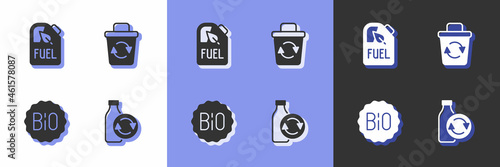 Set Recycling plastic bottle, Bio fuel canister, Banner for bio and Recycle bin icon. Vector