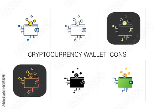 Cryptocurrency wallet icons set.Physical medium, program.Private access for cryptocurrency transactions.Collection of icons in linear, filled, color styles.Isolated vector illustrations