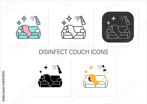 Couch disinfection icons set.Wet cleaning and sanitizing of soft home furniture.Safety space,preventative measures.Collection of icons in linear, filled, color styles.Isolated vector illustrations 