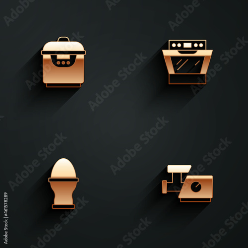 Set Slow cooker, Oven, Chicken egg on a stand and Kitchen meat grinder icon with long shadow. Vector