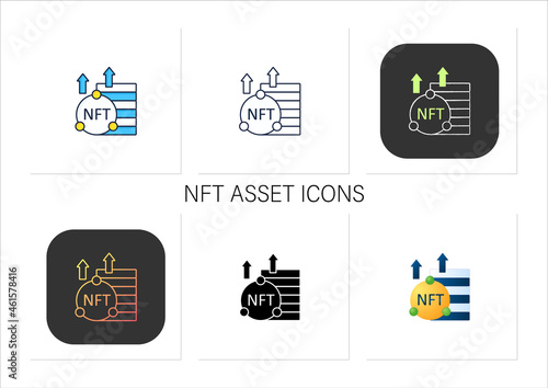 NFT asset icons set. Unique digital assets. Growth. Cryptocurrency concept. Collection of icons in linear, filled, color styles.Isolated vector illustrations