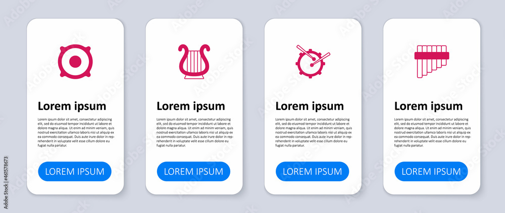Set Pan flute, Drum with drum sticks, Ancient Greek lyre and Stereo speaker. Business infographic template. Vector Set Pan flute, Drum with drum sticks, Ancient Greek lyre and Stereo speaker. Business infographic template. Vector