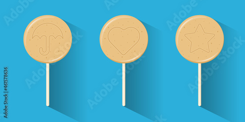 Vector illustration of Dalgona candy. Dalgona is a Korean candy with melted sugar and baking soda. Flat design on a blue background.