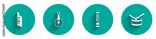 Set Keytar, Mandolin, Flute and Drum with drum sticks icon with long shadow. Vector