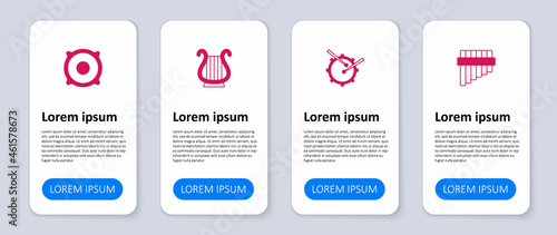 Set Pan flute, Drum with drum sticks, Ancient Greek lyre and Stereo speaker. Business infographic template. Vector