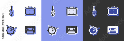 Set Retro audio cassette tape, Violin, Drum with drum sticks and Guitar amplifier icon. Vector