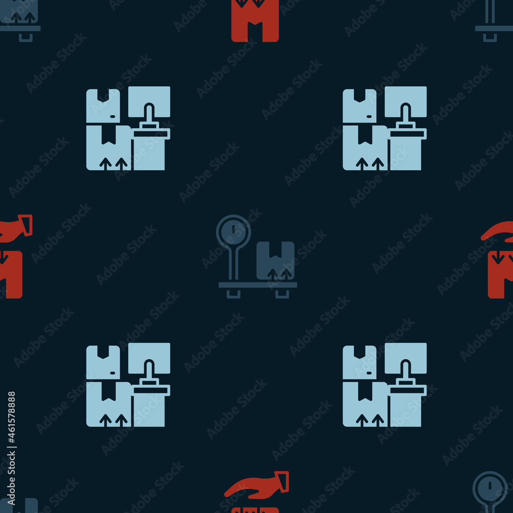 Obraz premium Set Delivery hand with box, Scale cardboard and Warehouse boxes on seamless pattern. Vector