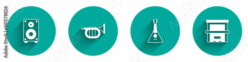 Set Stereo speaker, Trumpet, Balalaika and Piano icon with long shadow. Vector