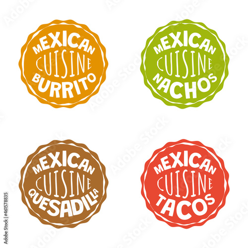 Mexican fast food badges of fastfood cafe or restaurant. Mexico cuisine burrito logo. Latin American dish logotype nachos or nacho. Restaurant or eatery insignia quesadilla and tacos or taco. Set