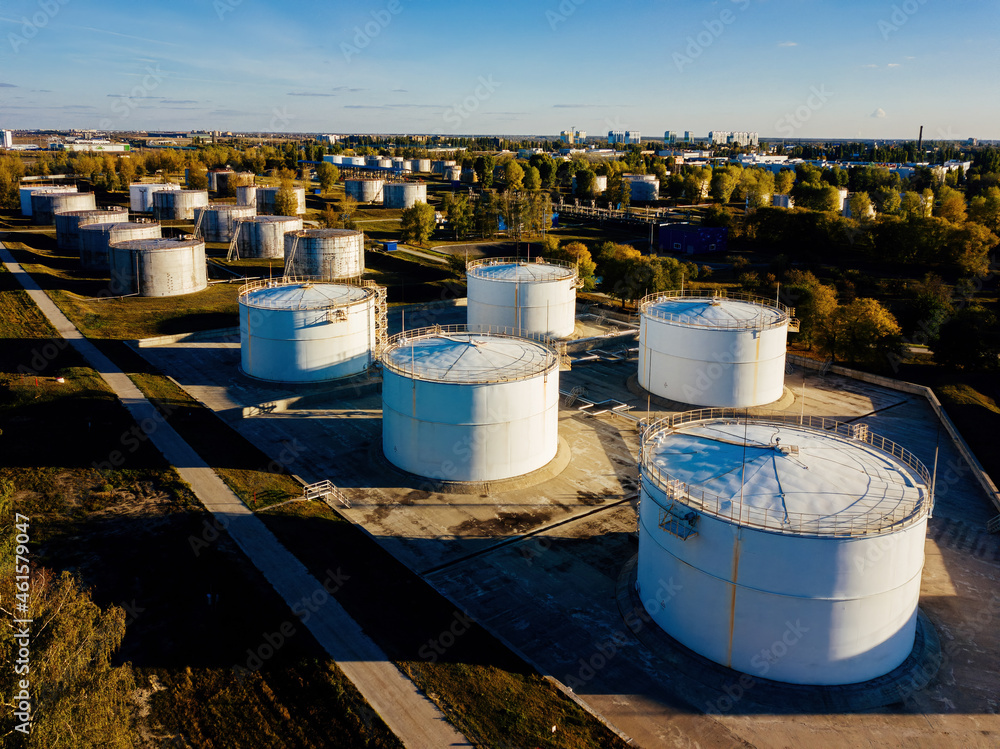 Petrol industrial zone. Aerial view of round tanks Petrol industrial zone. Aerial view of round tanks