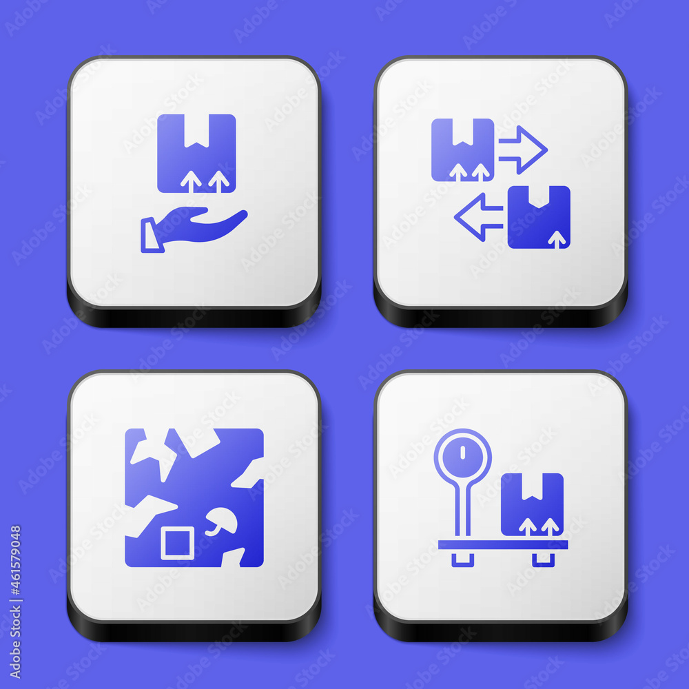 Set Delivery hand with box, Cardboard traffic symbol, Broken cardboard and Scale icon. White square button. Vector Set Delivery hand with box, Cardboard traffic symbol, Broken cardboard and Scale icon. White square button. Vector