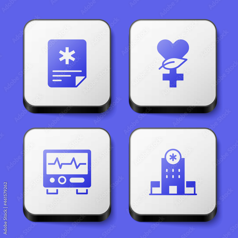 Set Patient record, Ethnoscience, Monitor with cardiogram and Hospital building icon. White square button. Vector Set Patient record, Ethnoscience, Monitor with cardiogram and Hospital building icon. White square button. Vector