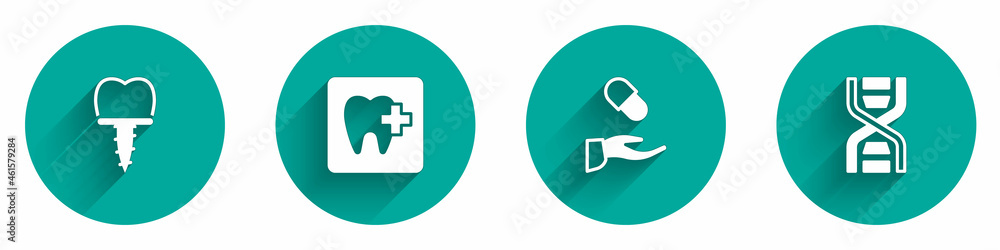 Set Dental implant, clinic location, Medical prescription and DNA symbol icon with long shadow. Vector
