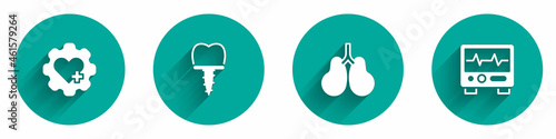 Set Heart with cross, Dental implant, Lungs and Monitor cardiogram icon with long shadow. Vector