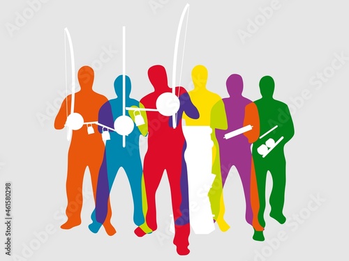 Colorful silhouette of capoeira people playing brasil music. Vector flat colored illustration. Art design for cloths, t-shirts, templates, flyers, web sites, events.
