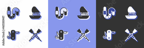 Set Crossed oars or paddles boat, Worm, Swiss army knife and Yacht sailboat icon. Vector