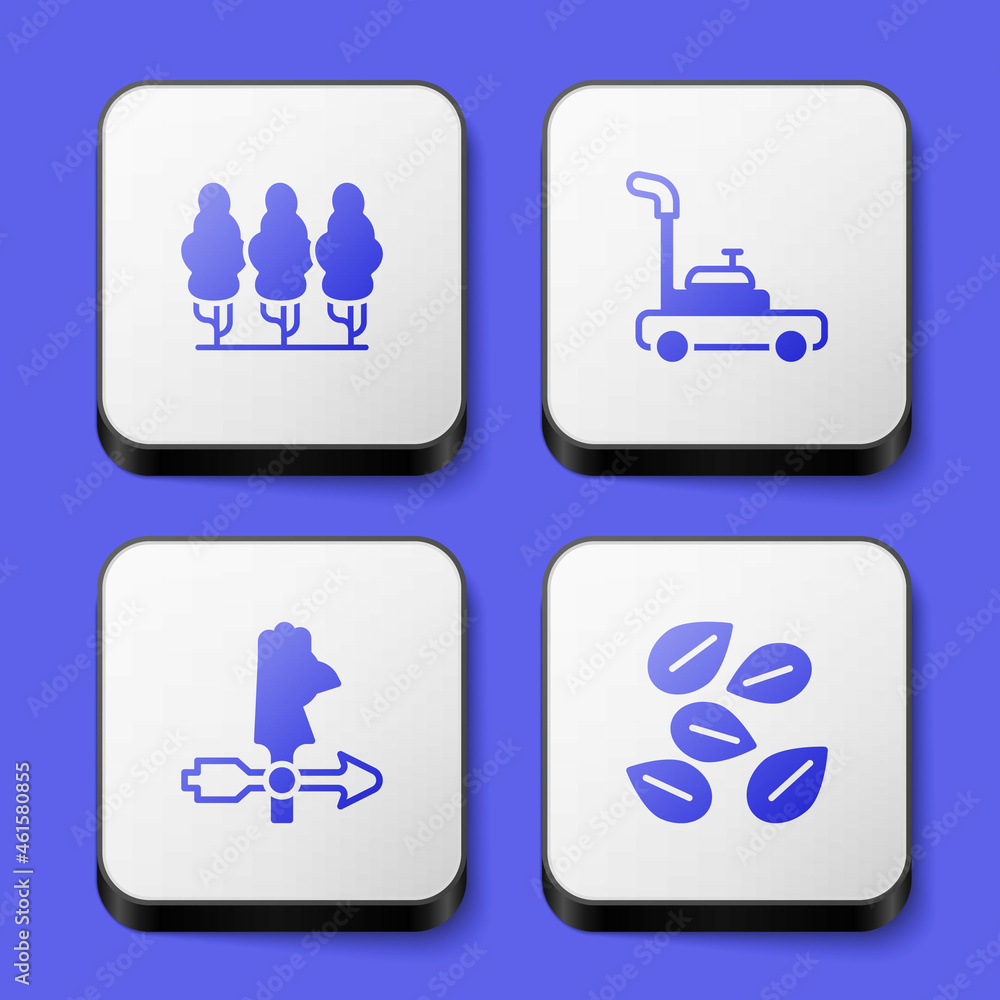 Set Fruit trees, Lawn mower, Rooster weather vane and Seeds of specific plant icon. White square button. Vector Set Fruit trees, Lawn mower, Rooster weather vane and Seeds of specific plant icon. White square button. Vector
