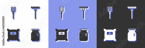 Set Glass jar with screw-cap, Garden pitchfork, Pack full of seeds and rake icon. Vector