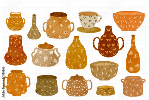 Collection of hand painted watercolor cute flowerpots autumn theme illustration