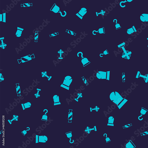 Set Candy, Tombstone with cross, Pirate hook and RIP written on seamless pattern. Vector