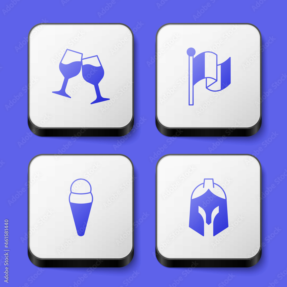 Set Wine glass, Flag Italy, Ice cream waffle and Roman army helmet icon. White square button. Vector Set Wine glass, Flag Italy, Ice cream waffle and Roman army helmet icon. White square button. Vector