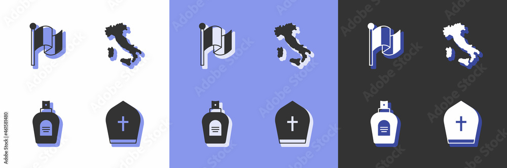 Set Pope hat, Flag Italy, Perfume and Map of icon. Vector