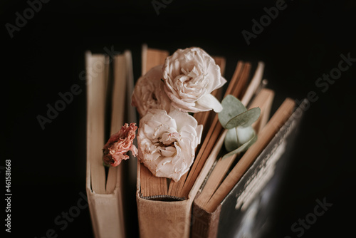 three old books and dried flowers