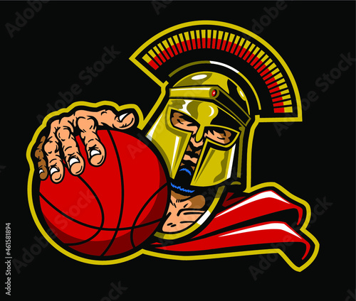 spartan basketball team design with mascot holding ball for school, college or league