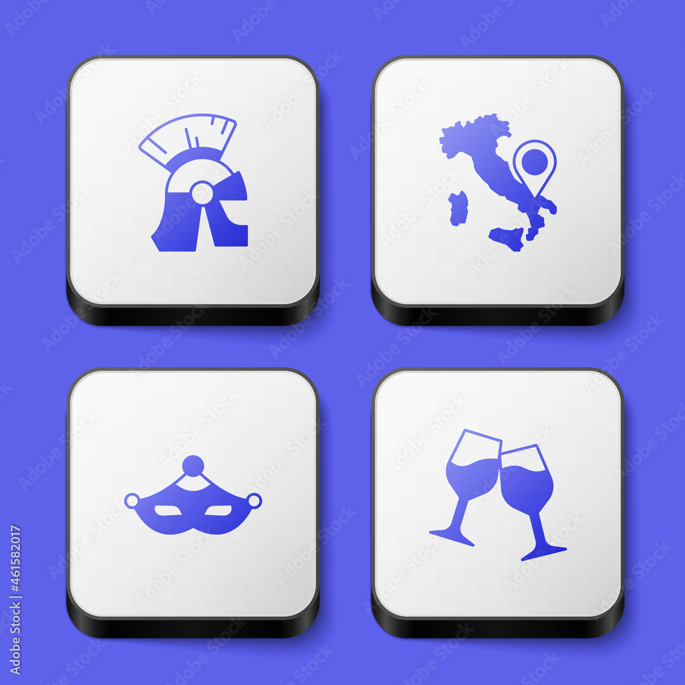 Set Roman army helmet, Map of Italy, Carnival mask and Wine glass icon. White square button. Vector Set Roman army helmet, Map of Italy, Carnival mask and Wine glass icon. White square button. Vector