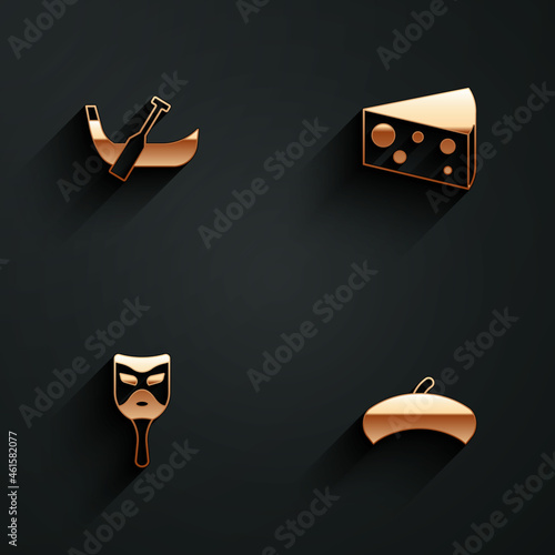 Set Gondola boat, Cheese, Carnival mask and French beret icon with long shadow. Vector