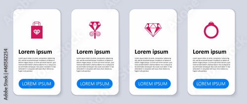 Set Diamond engagement ring, Stud earrings and Shopping bag jewelry. Business infographic template. Vector