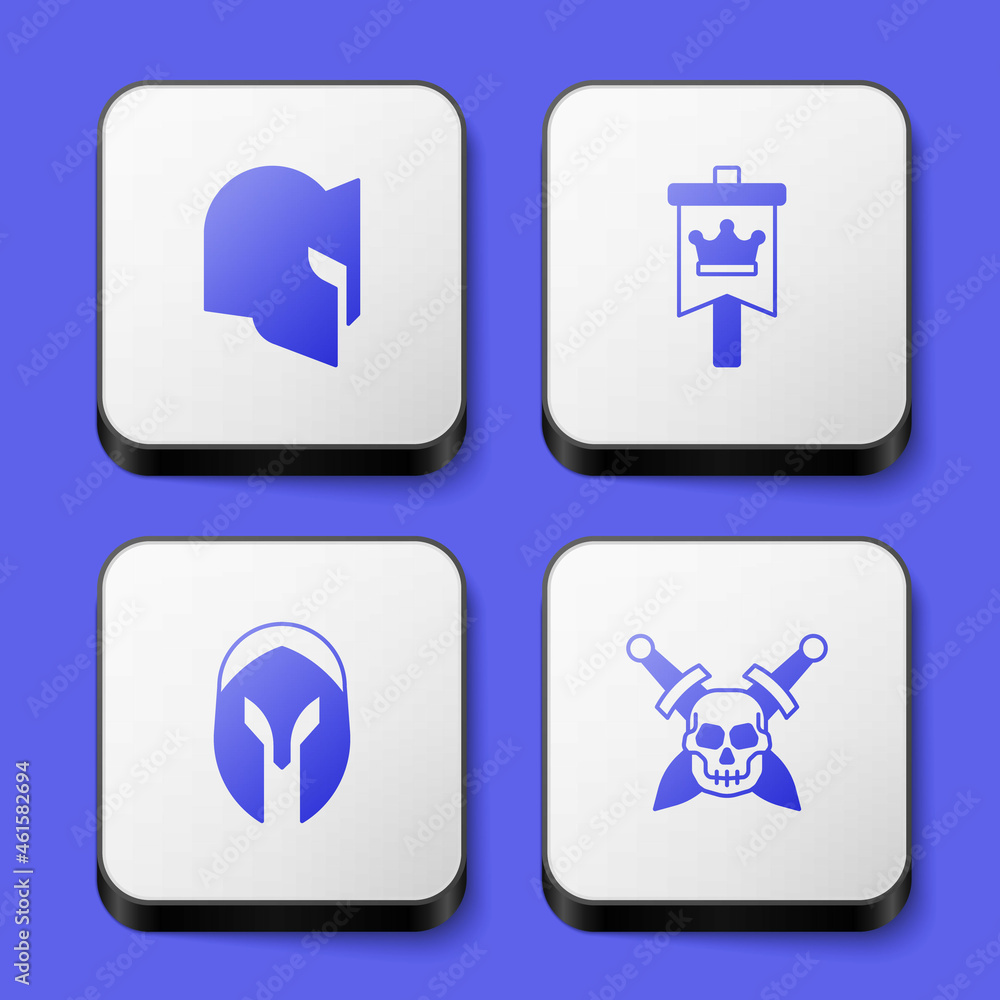 Set Medieval helmet, flag, and Skull with sword icon. White square button. Vector Set Medieval helmet, flag, and Skull with sword icon. White square button. Vector