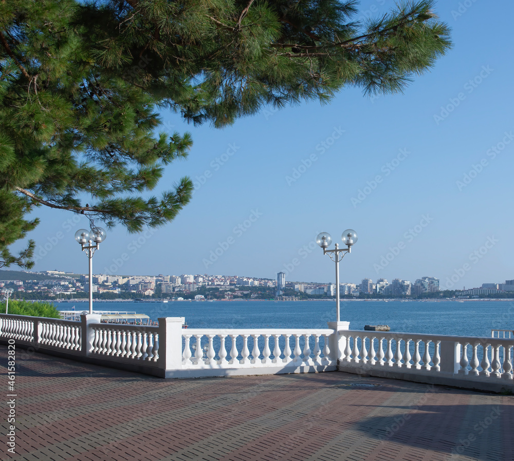 view of the Gelendzhik embankment against the background of the sea and pine branches