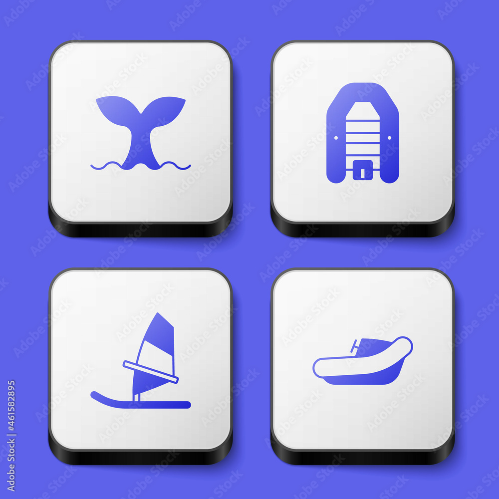 Set Whale tail, Inflatable boat with motor, Windsurfing and icon. White square button. Vector