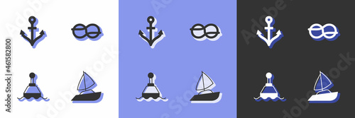 Set Yacht sailboat, Anchor, Floating buoy and Nautical rope knots icon. Vector
