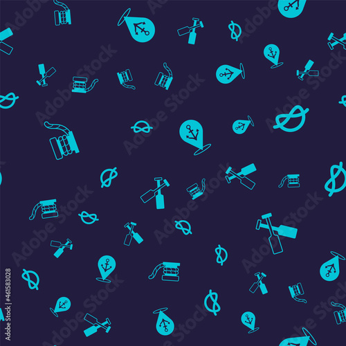 Set Marine bollard with rope, Nautical knots, Location anchor and Crossed oars paddles boat on seamless pattern. Vector