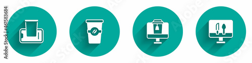 Set Food ordering on mobile, Coffee cup to go, Online food and icon with long shadow. Vector