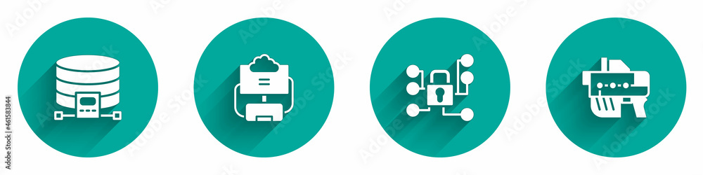 Set Cloud database, Cyber security and Futuristic weapon icon with long shadow. Vector Set Cloud database, Cyber security and Futuristic weapon icon with long shadow. Vector