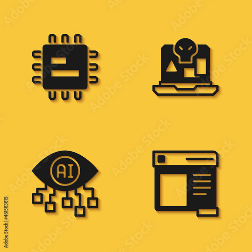 Set Processor CPU, Browser window, Computer vision and Internet piracy icon with long shadow. Vector