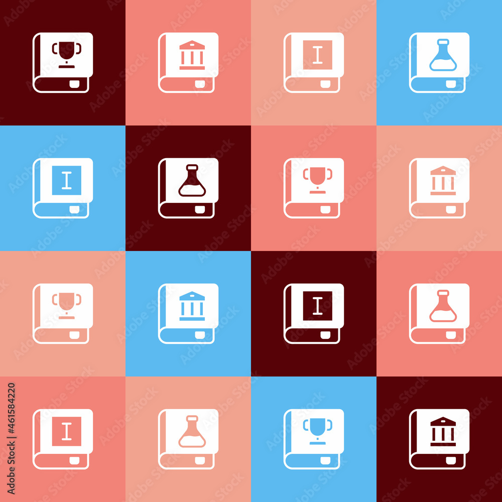 Set pop art Book, Law book, and Chemistry icon. Vector Set pop art Book, Law book, and Chemistry icon. Vector