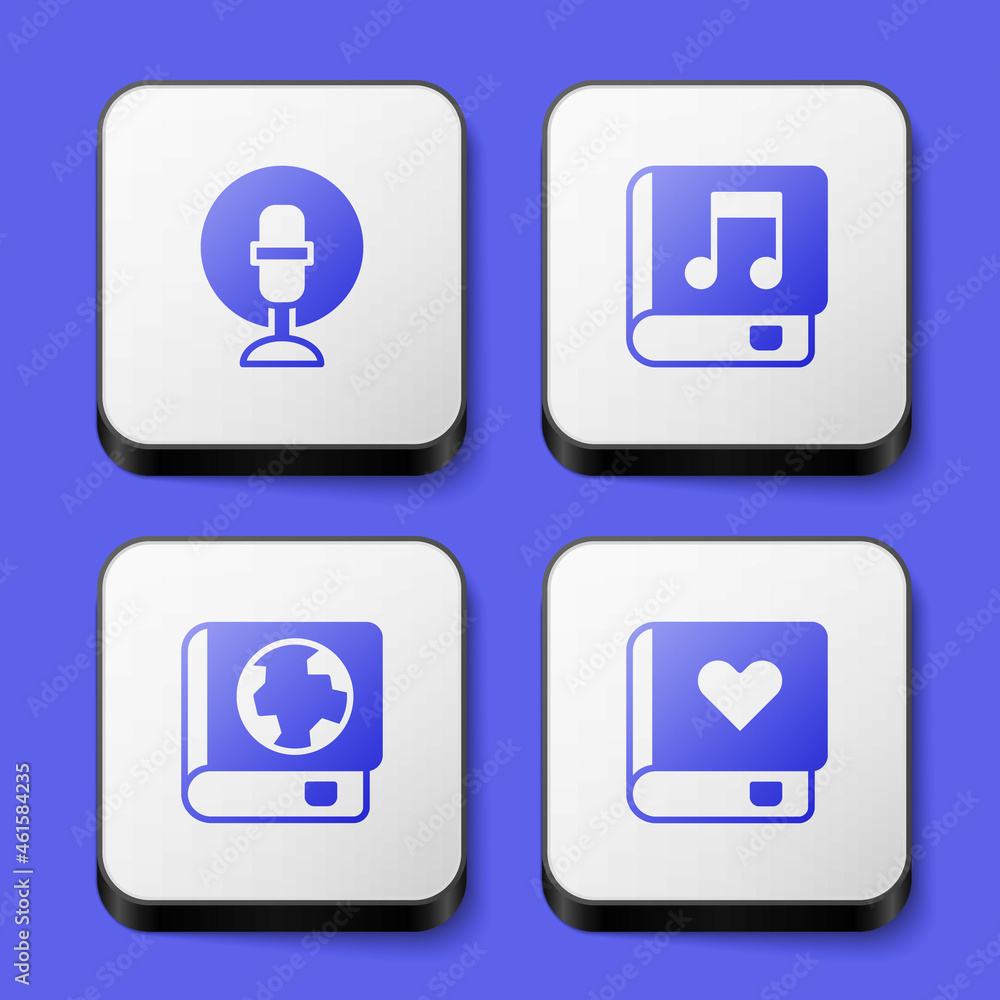Set Microphone, Audio book, Earth globe and and Romance icon. White square button. Vector