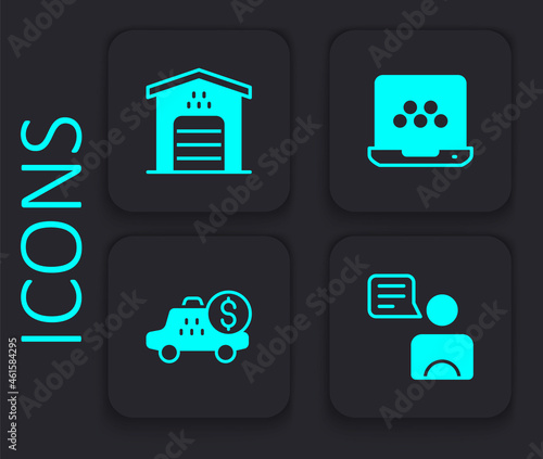 Set Taxi driver, Garage for taxi car, mobile app and Taximeter device icon. Black square button. Vector
