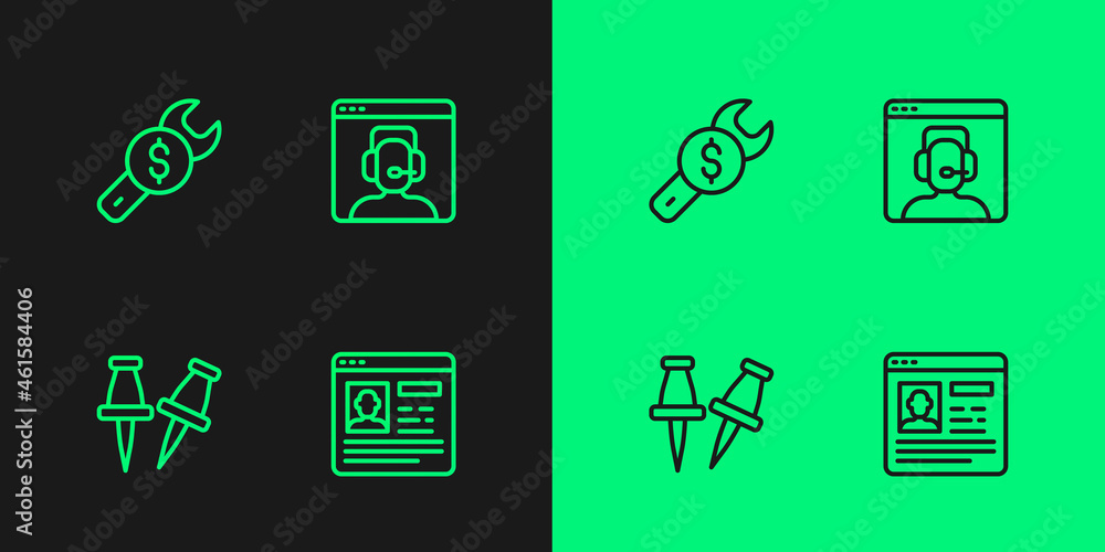 Set line Resume, Push pin, Repair price and Telephone 24 hours support icon. Vector Set line Resume, Push pin, Repair price and Telephone 24 hours support icon. Vector