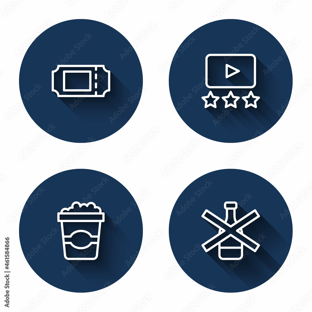 Set line Cinema ticket, Rating movie, Popcorn cardboard box and No alcohol with long shadow. Blue circle button. Vector Set line Cinema ticket, Rating movie, Popcorn cardboard box and No alcohol with long shadow. Blue circle button. Vector