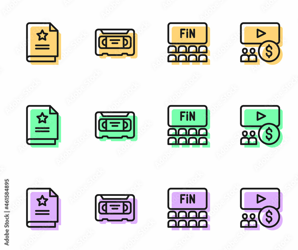 Set line Cinema auditorium with screen, Scenario, VHS video cassette tape and icon. Vector Set line Cinema auditorium with screen, Scenario, VHS video cassette tape and icon. Vector