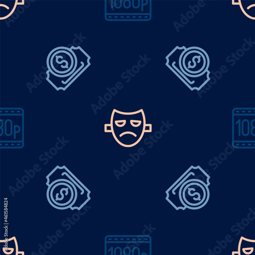 Set line Full HD 1080p, Cinema ticket and Drama theatrical mask on seamless pattern. Vector